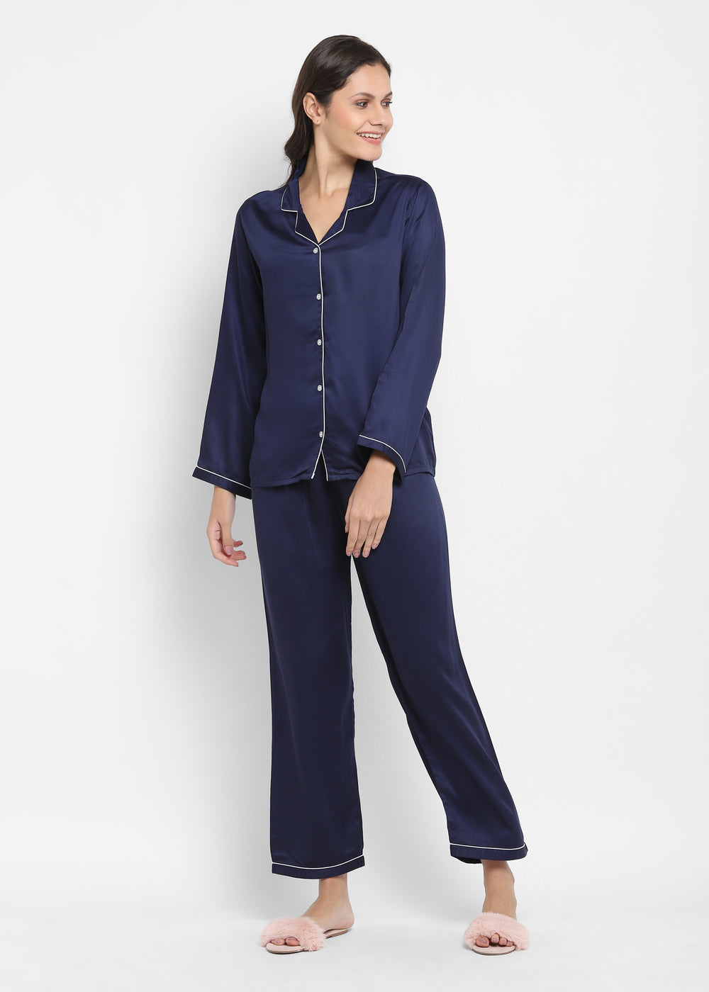 Ultra Soft Navy Modal Satin Long Sleeve Women's Night Suit - Shopbloom