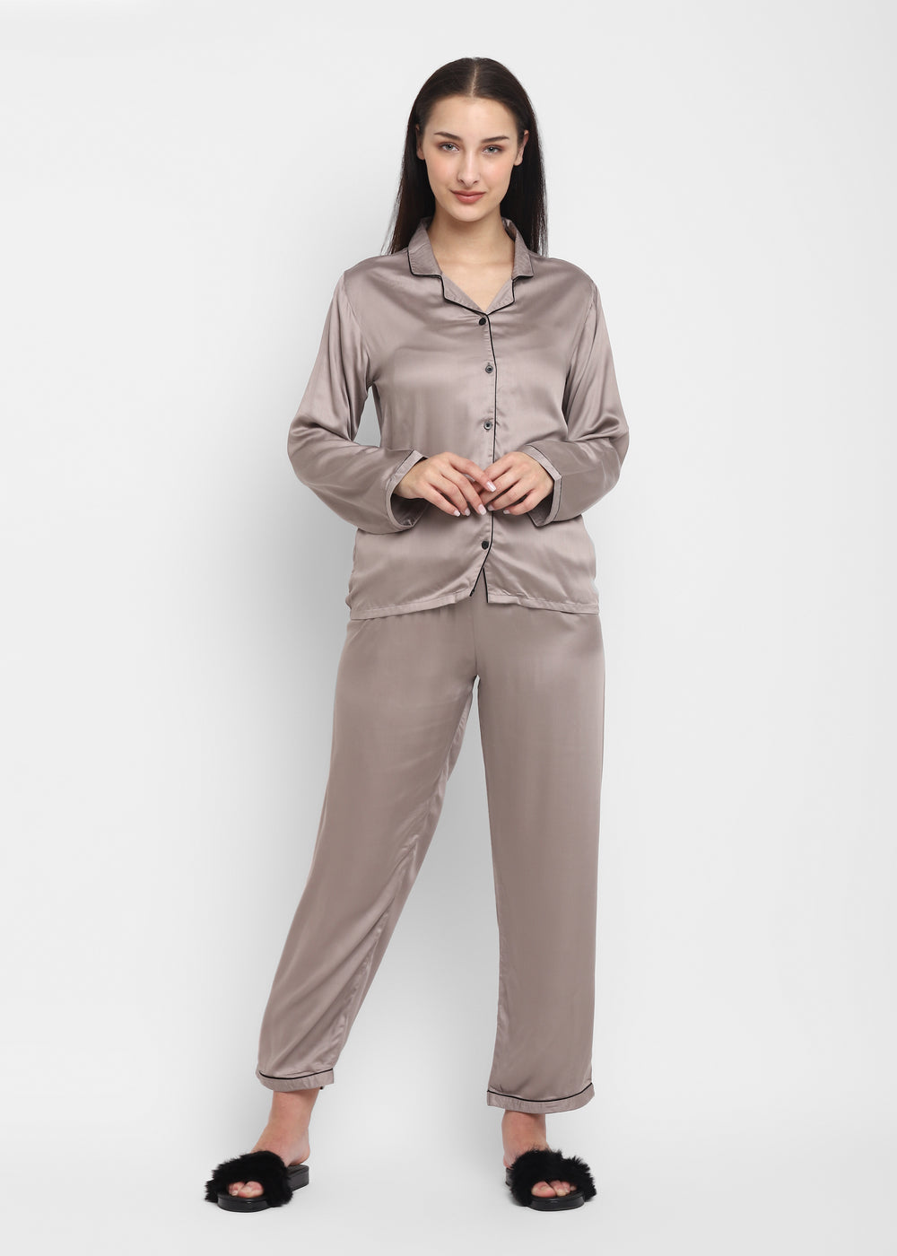 Ultra Soft Light Grey Modal Satin Long Sleeve Women's Night Suit - Shopbloom