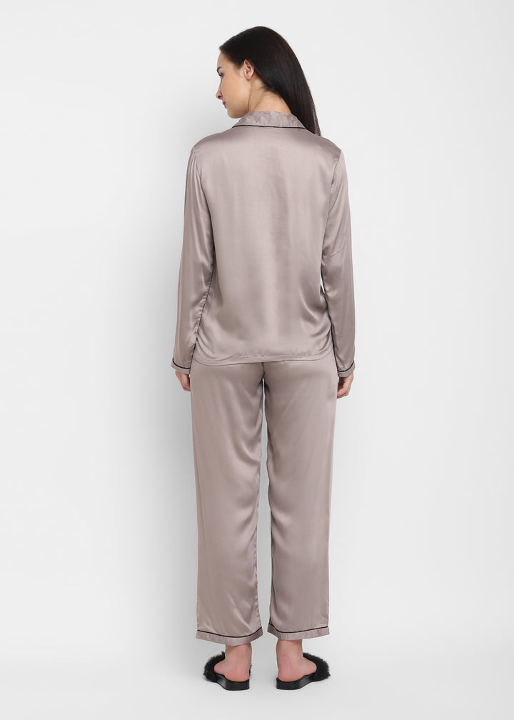 Ultra Soft Light Grey Modal Satin Long Sleeve Women's Night Suit - Shopbloom