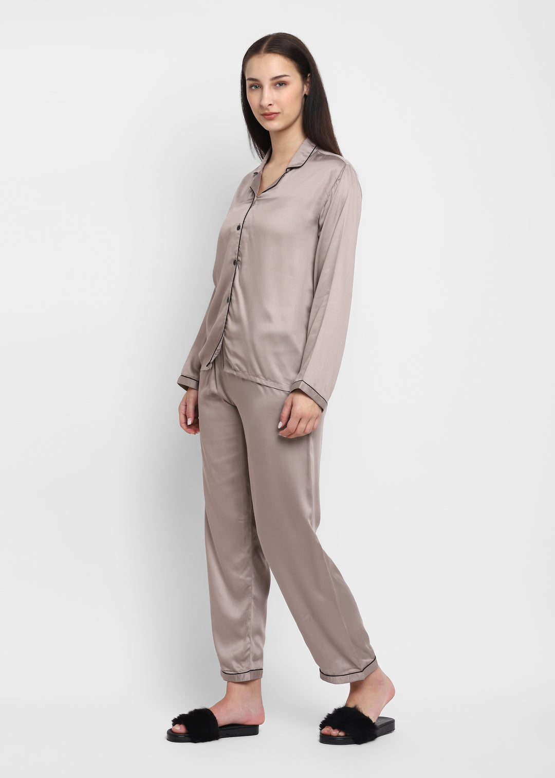 Ultra Soft Light Grey Modal Satin Long Sleeve Women's Night Suit - Shopbloom