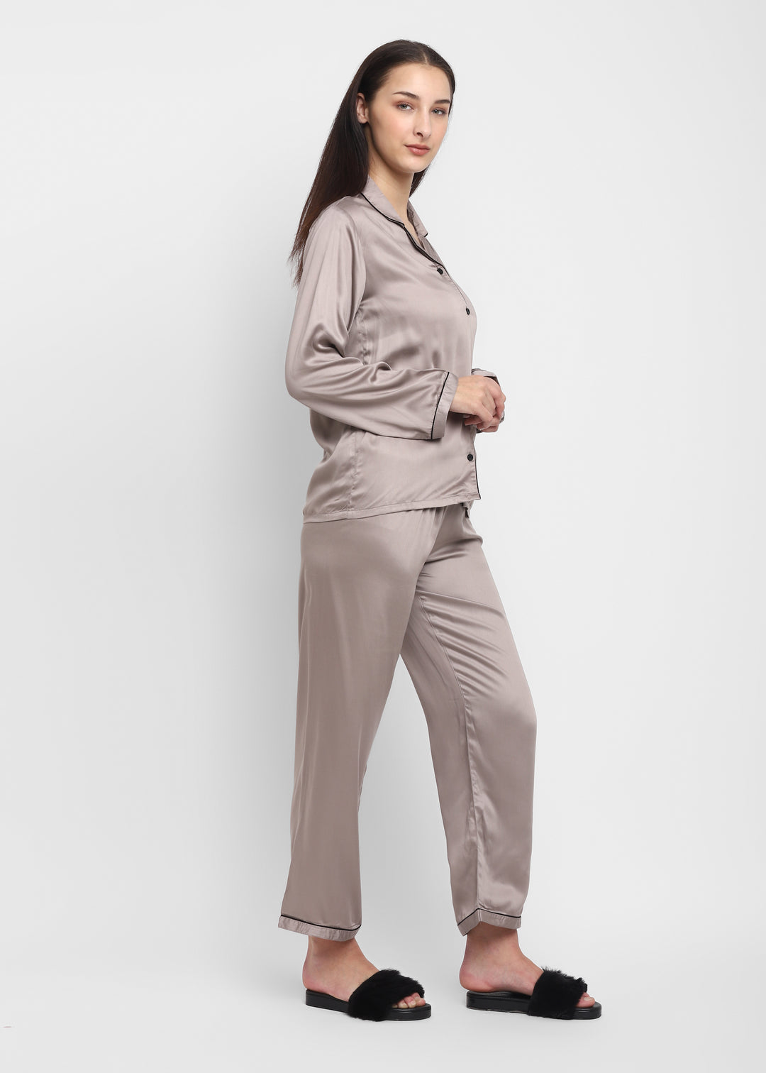 Ultra Soft Light Grey Modal Satin Long Sleeve Women's Night Suit - Shopbloom