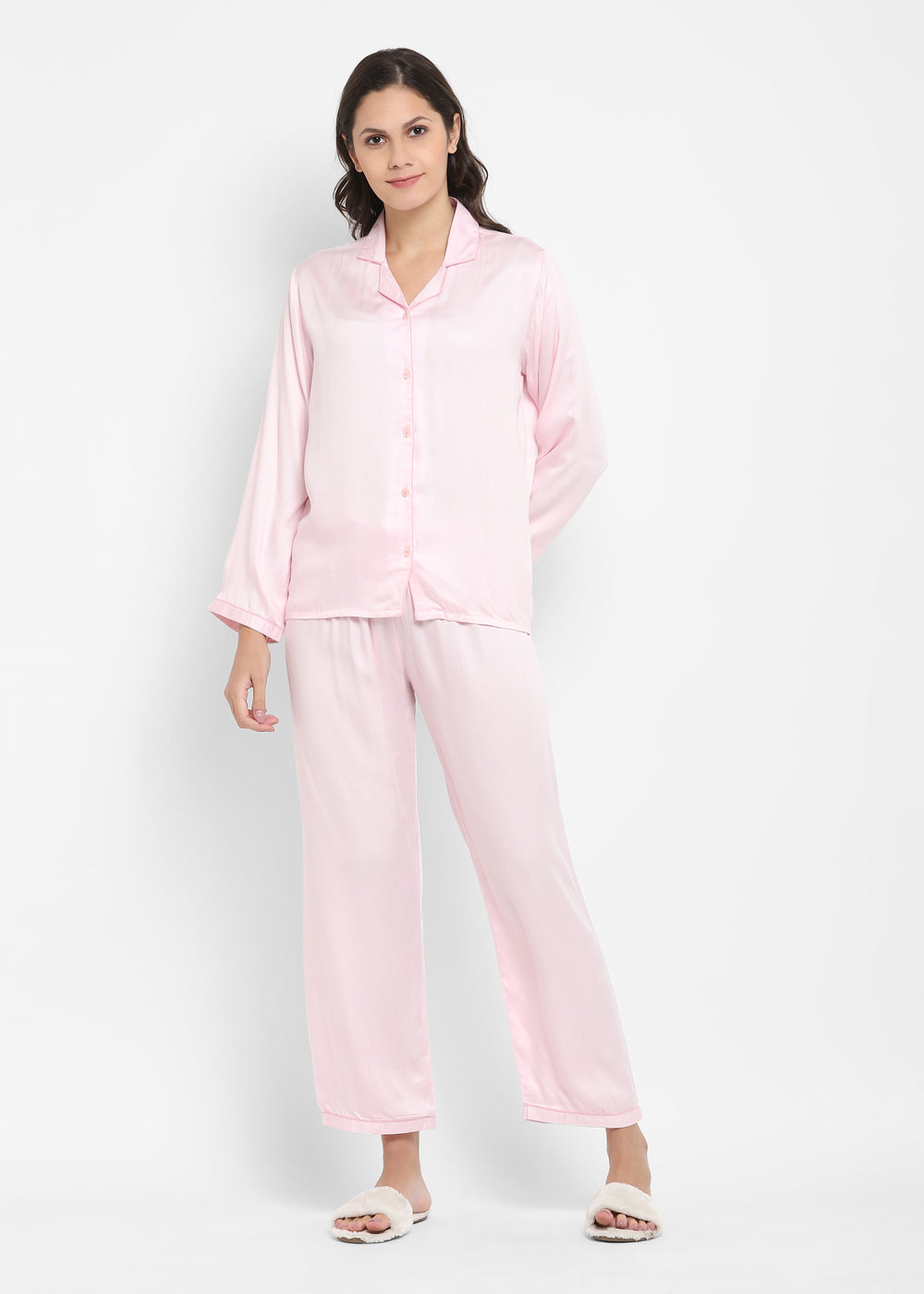 Ultra Soft Baby Pink Modal Satin Long Sleeve Women's Night Suit - Shopbloom