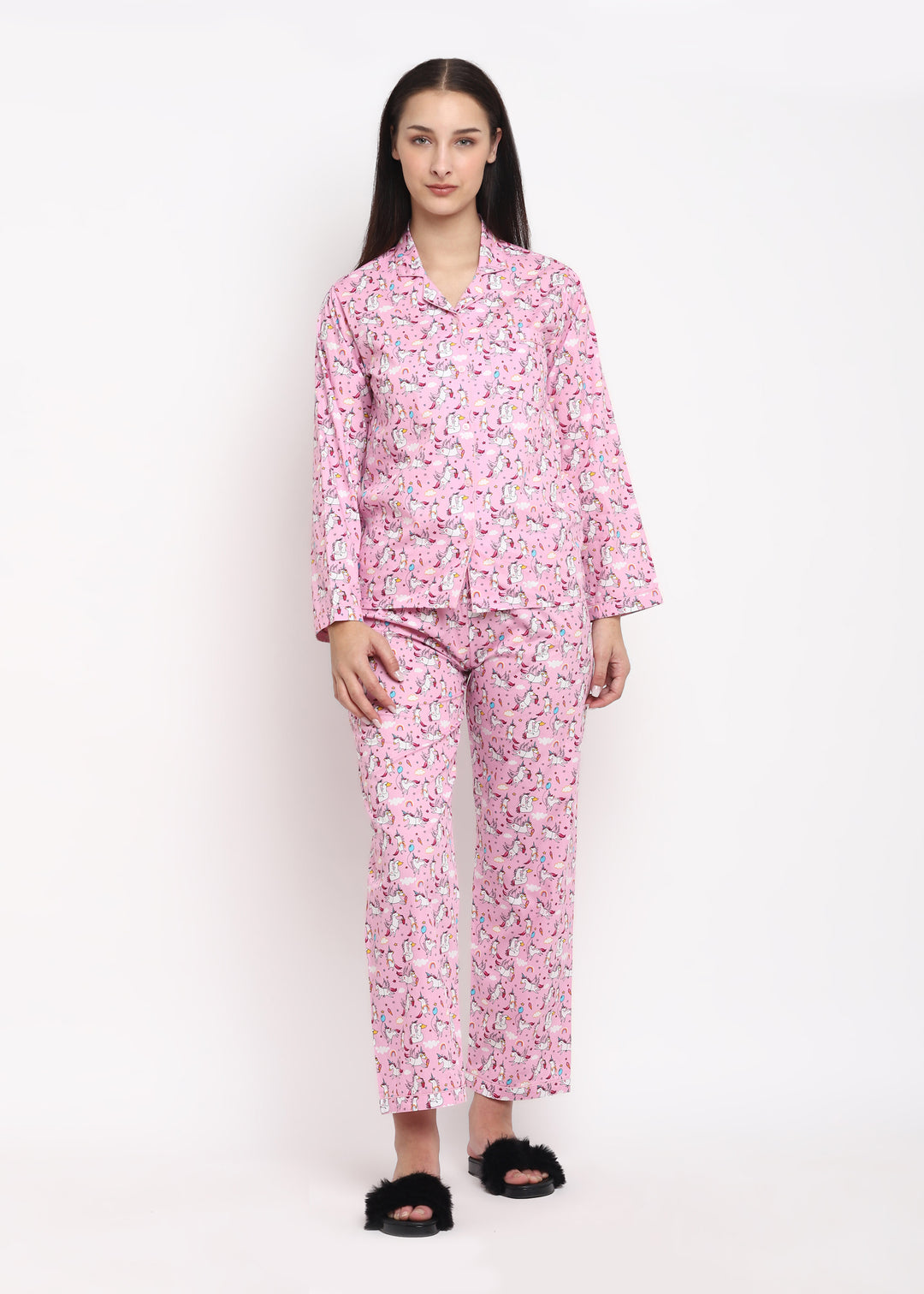 Pink Unicorn Print Long Sleeve Women's Night Suit - Shopbloom