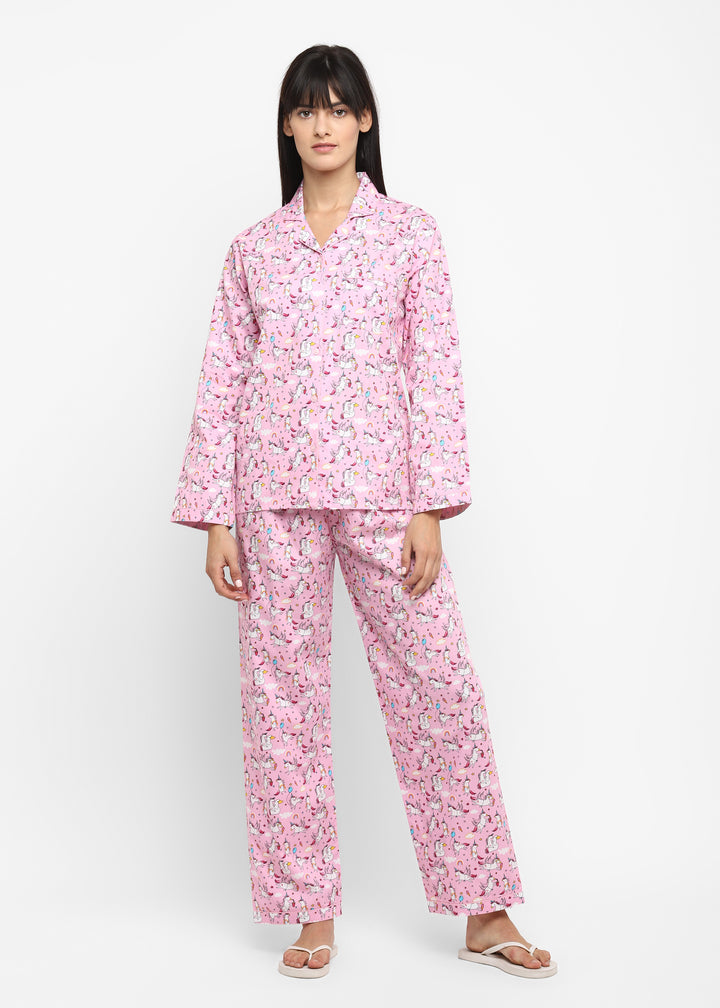 Pink Unicorn Print Long Sleeve Women's Night Suit - Shopbloom