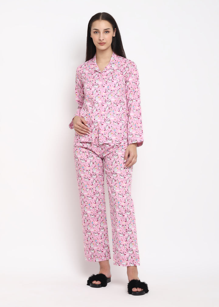 Pink Unicorn Print Long Sleeve Women's Night Suit - Shopbloom