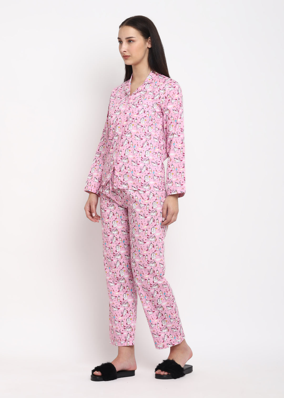 Pink Unicorn Print Long Sleeve Women's Night Suit - Shopbloom