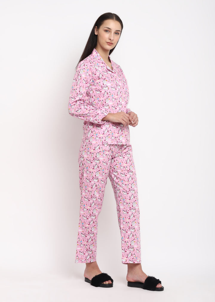 Pink Unicorn Print Long Sleeve Women's Night Suit - Shopbloom