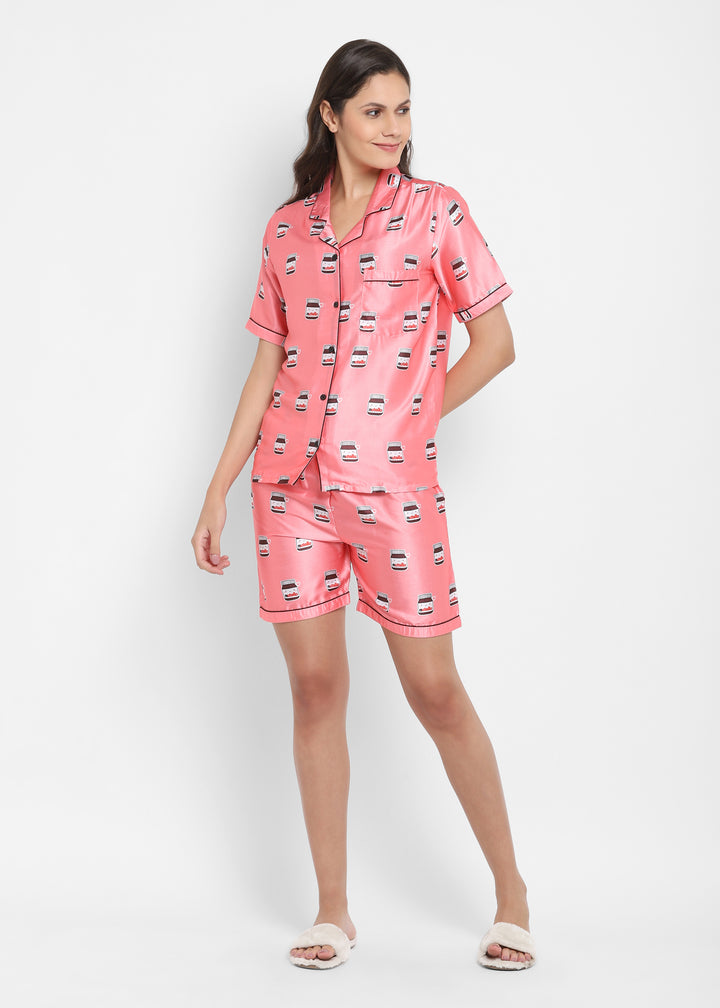 Nutella Print Satin Shirt and Shorts Women's Set - Shopbloom