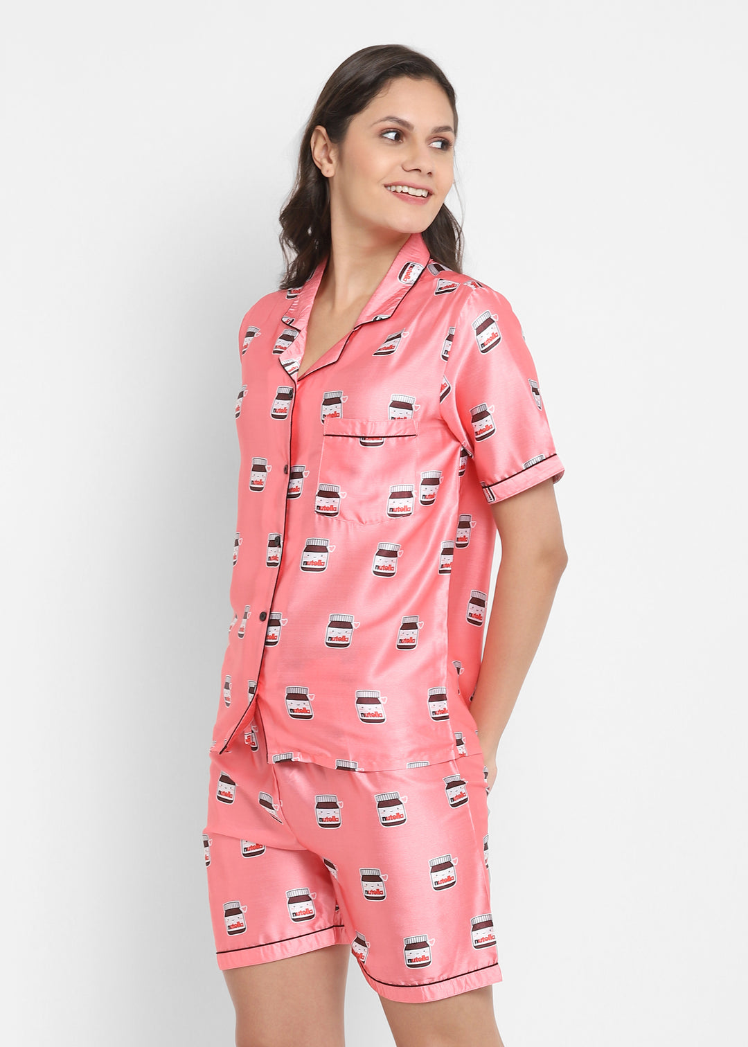 Nutella Print Satin Shirt and Shorts Women's Set - Shopbloom