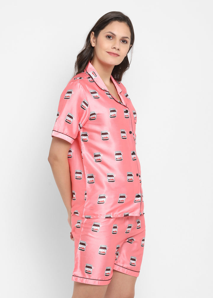 Nutella Print Satin Shirt and Shorts Women's Set - Shopbloom