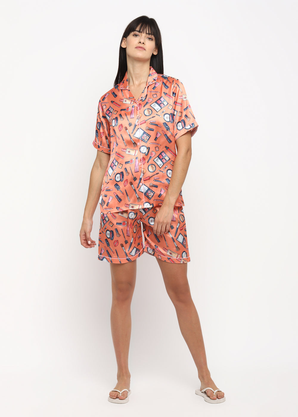 Make Up Print Satin Shirt and Shorts Women's Set - Shopbloom