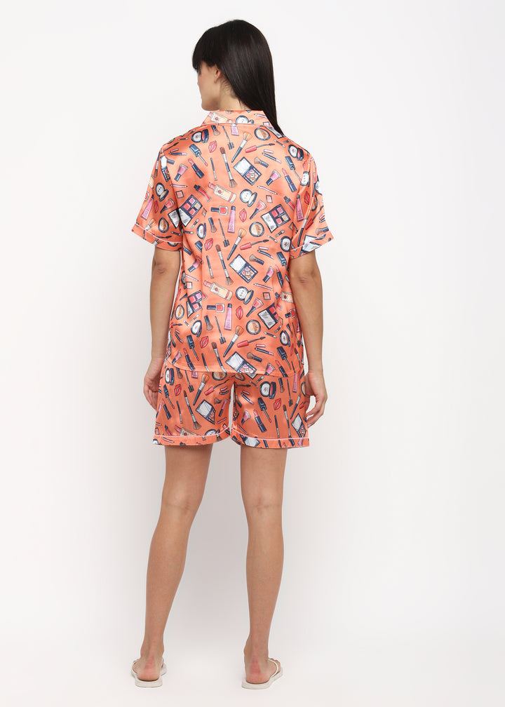 Make Up Print Satin Shirt and Shorts Women's Set - Shopbloom