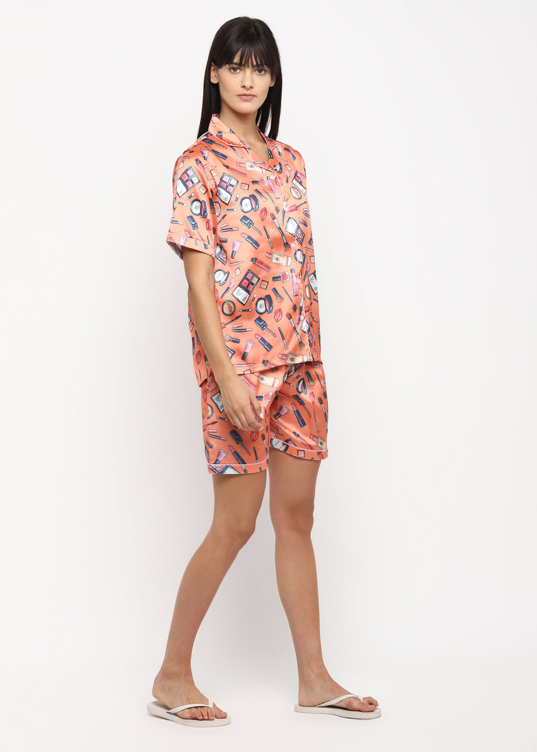 Make Up Print Satin Shirt and Shorts Women's Set - Shopbloom