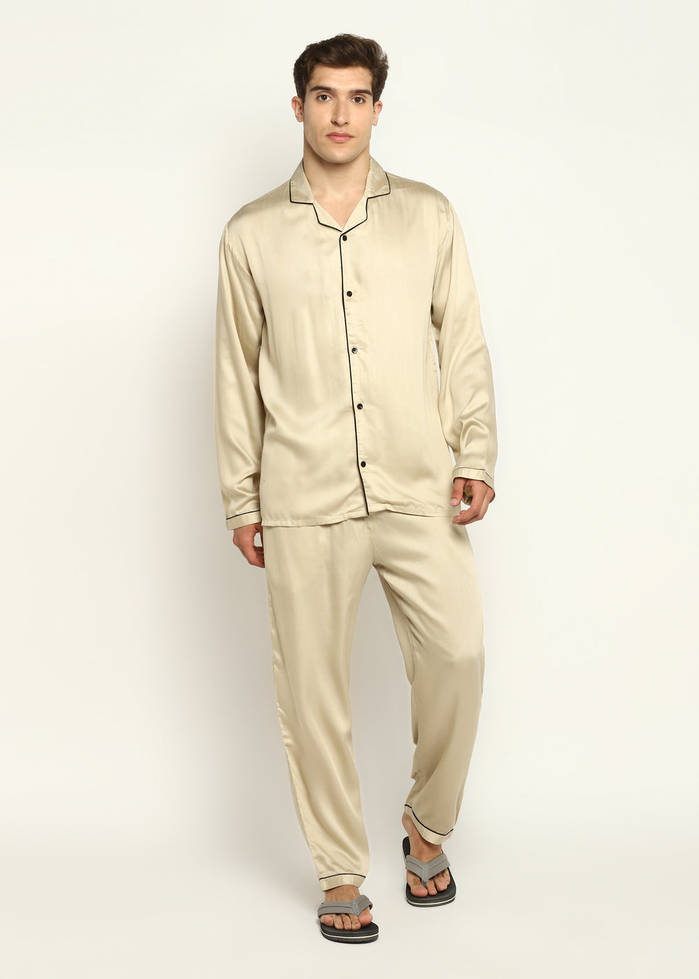 Ultra Soft Champagne Modal Satin Long Sleeve Men's Night Suit - Shopbloom
