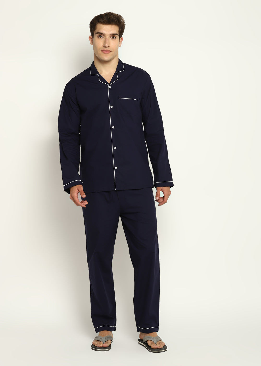 Navy Cotton with White Piping Men's Night Suit - Shopbloom