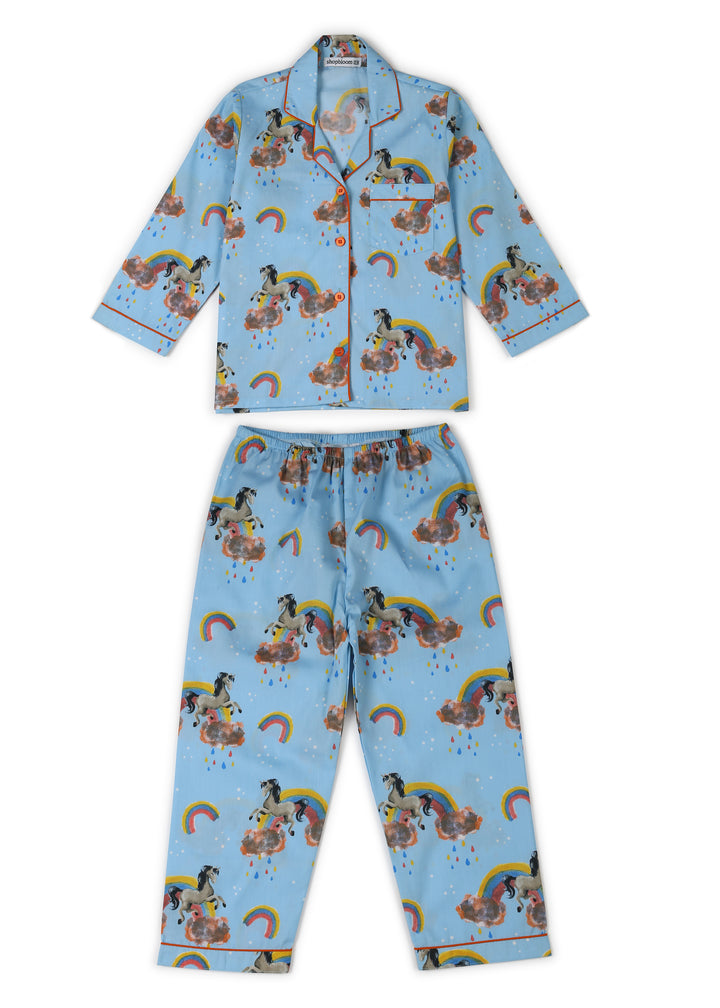 Blue Unicorn Print Long Sleeve Kids Night Suit - Shopbloom