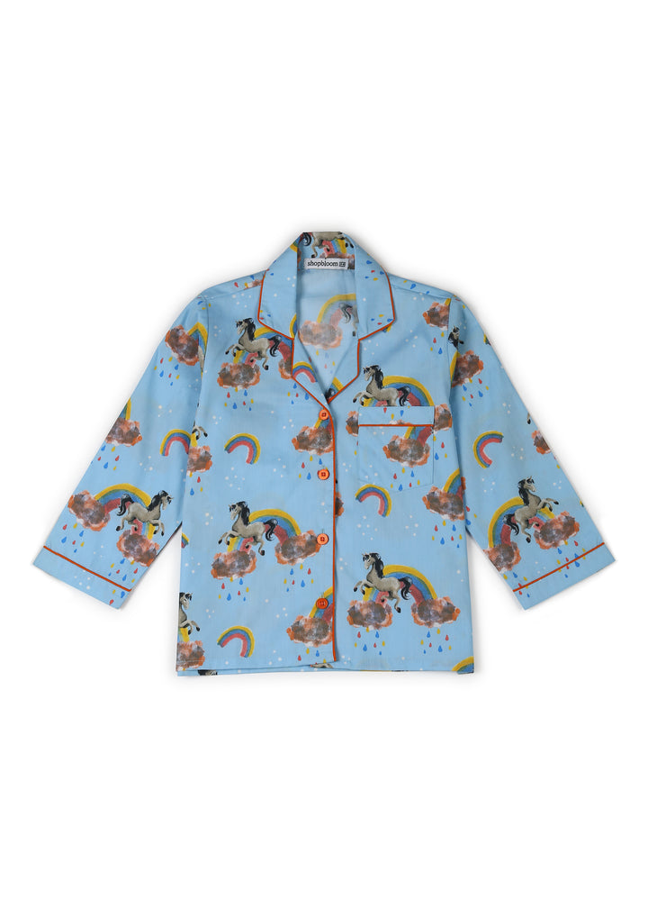 Blue Unicorn Print Long Sleeve Kids Night Suit - Shopbloom