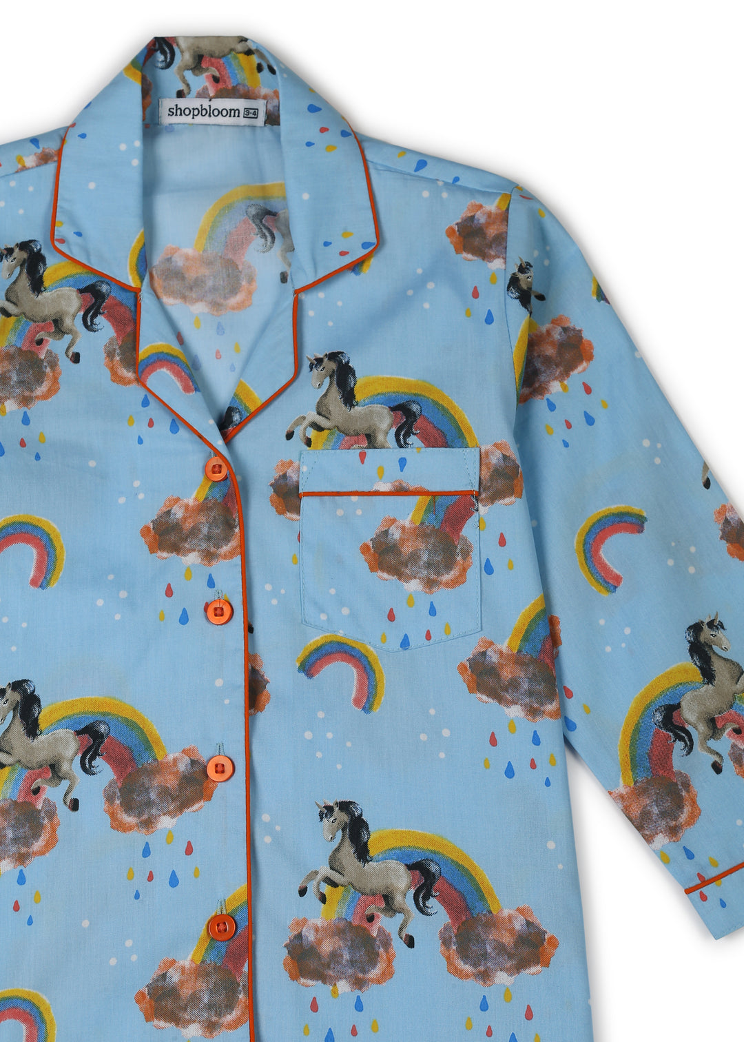 Blue Unicorn Print Long Sleeve Kids Night Suit - Shopbloom