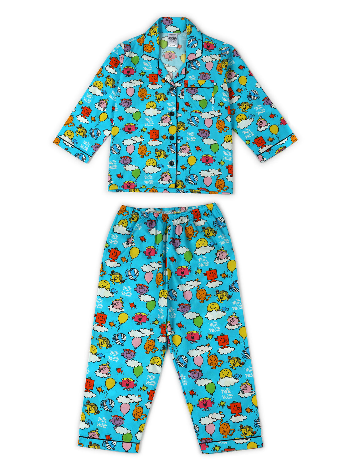 Blue Mr. Men Little Miss Print Long Sleeve Kids Night Suit - Shopbloom