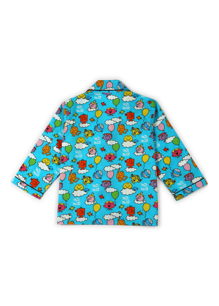 Blue Mr. Men Little Miss Print Long Sleeve Kids Night Suit - Shopbloom