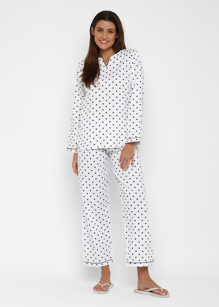 Black Polka Dot V Neck Long Sleeve Women's Night Suit - Shopbloom