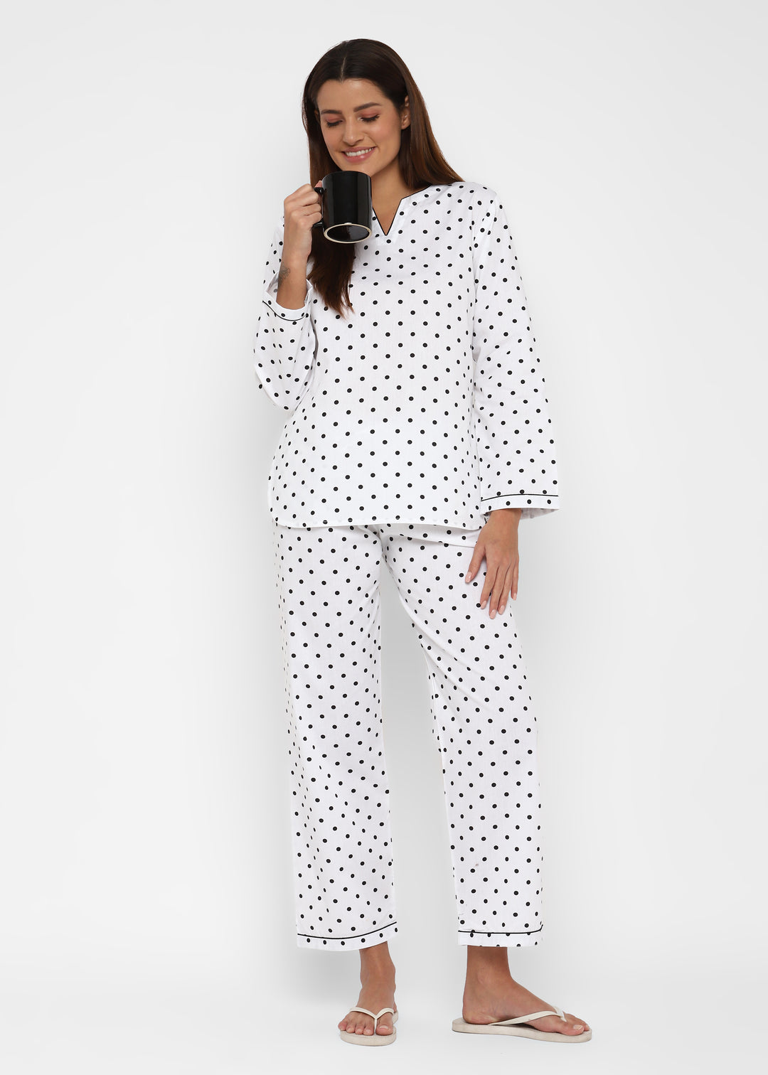 Black Polka Dot V Neck Long Sleeve Women's Night Suit - Shopbloom