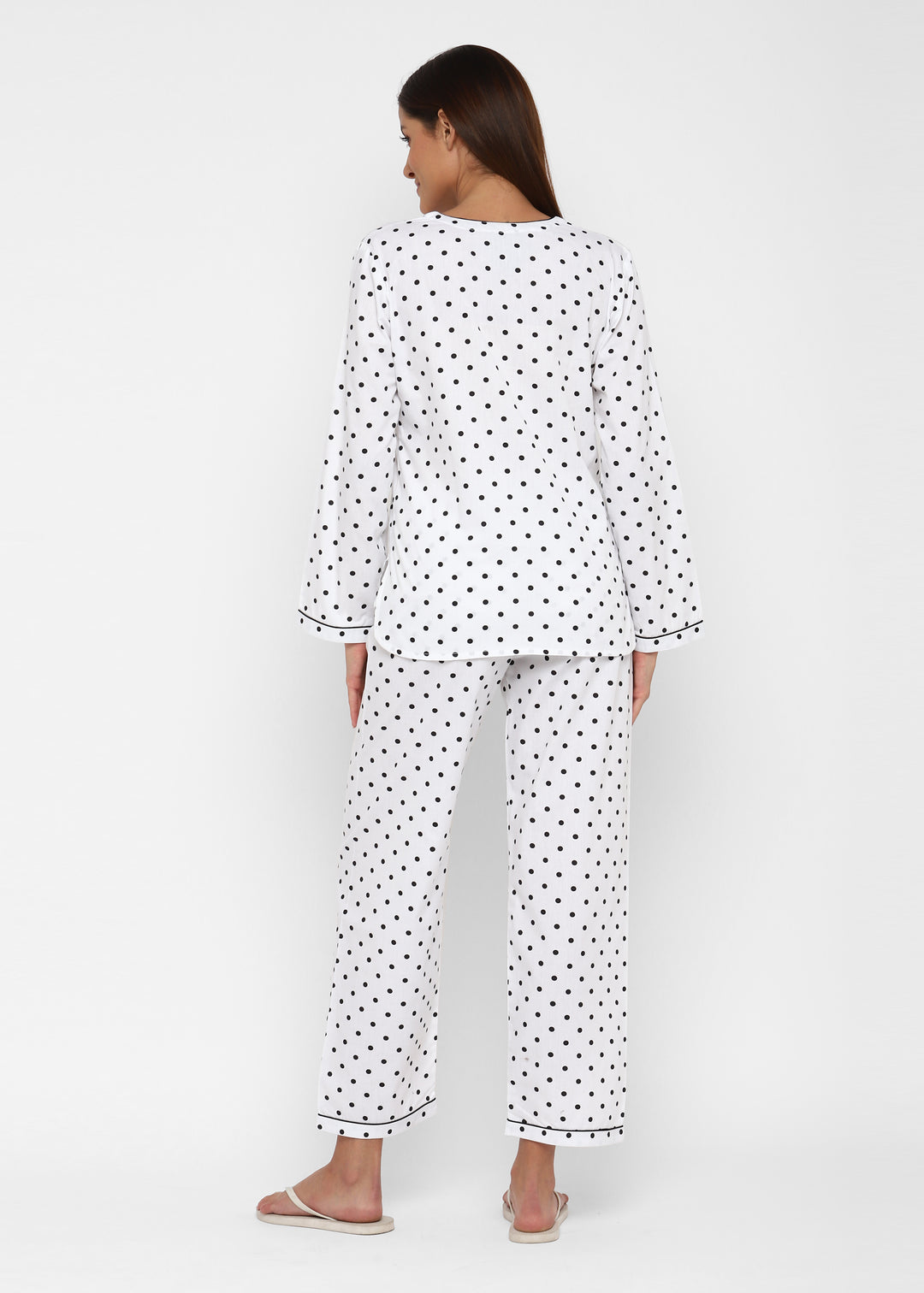 Black Polka Dot V Neck Long Sleeve Women's Night Suit - Shopbloom