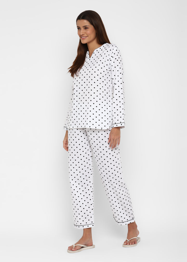 Black Polka Dot V Neck Long Sleeve Women's Night Suit - Shopbloom