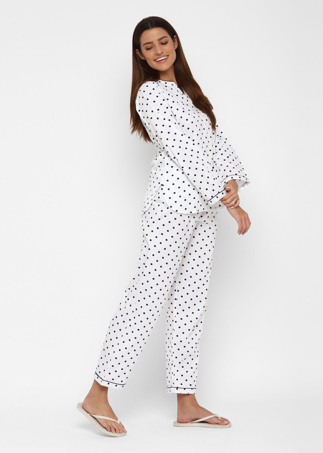 Black Polka Dot V Neck Long Sleeve Women's Night Suit - Shopbloom