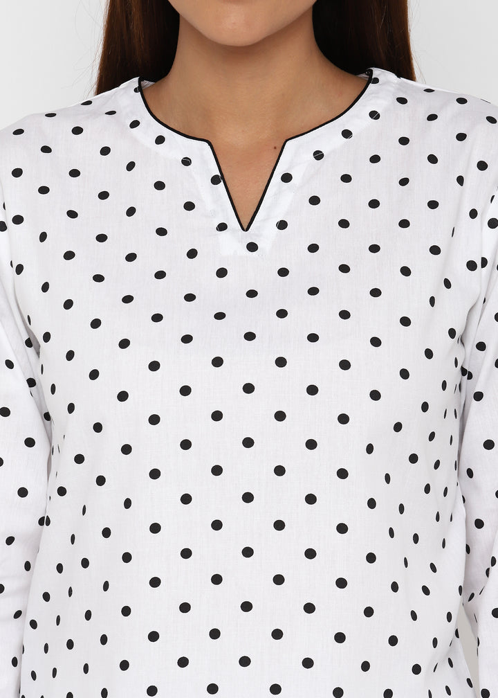 Black Polka Dot V Neck Long Sleeve Women's Night Suit - Shopbloom