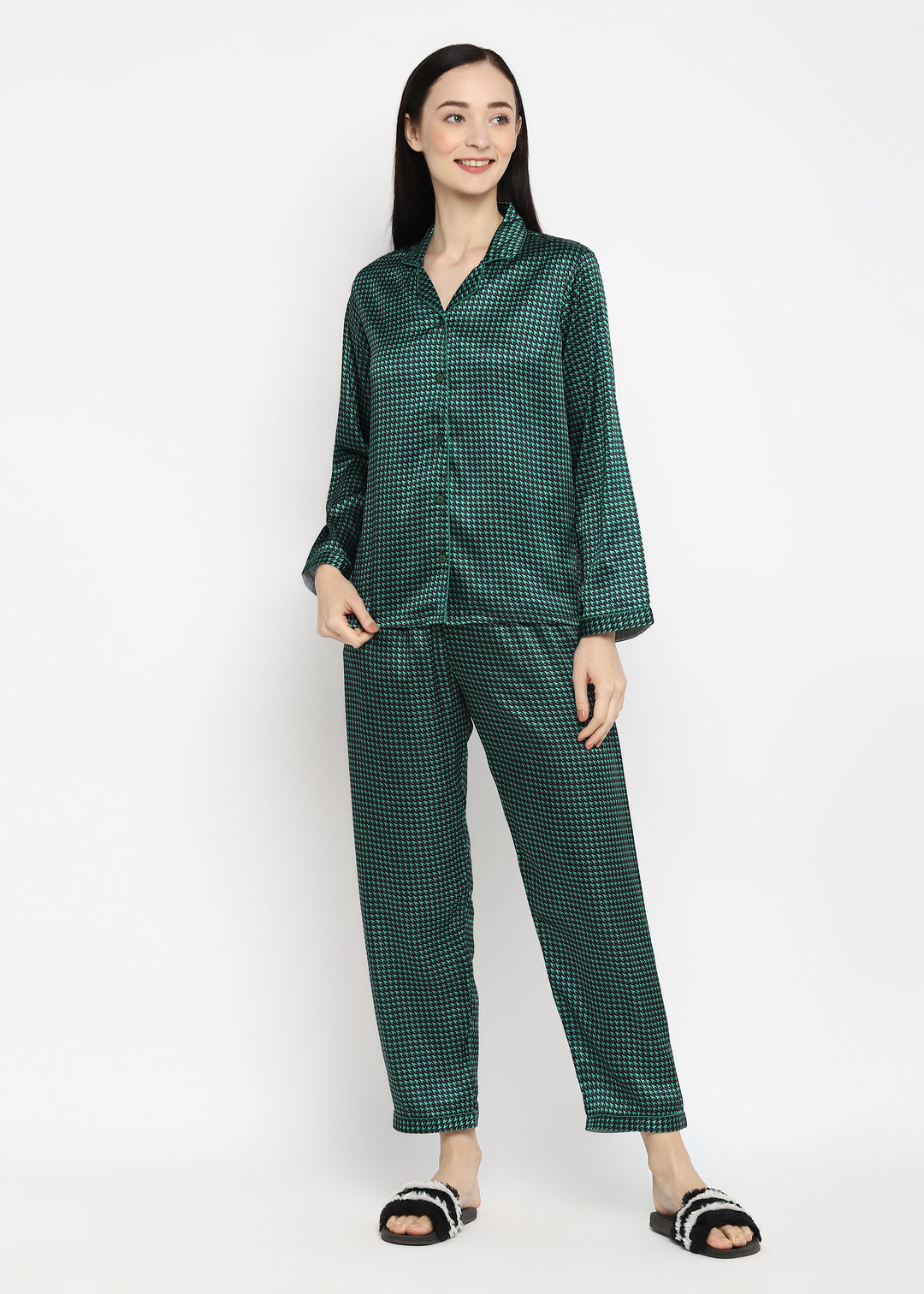 Green Checkered Satin Long Sleeve Women's Night Suit - Shopbloom