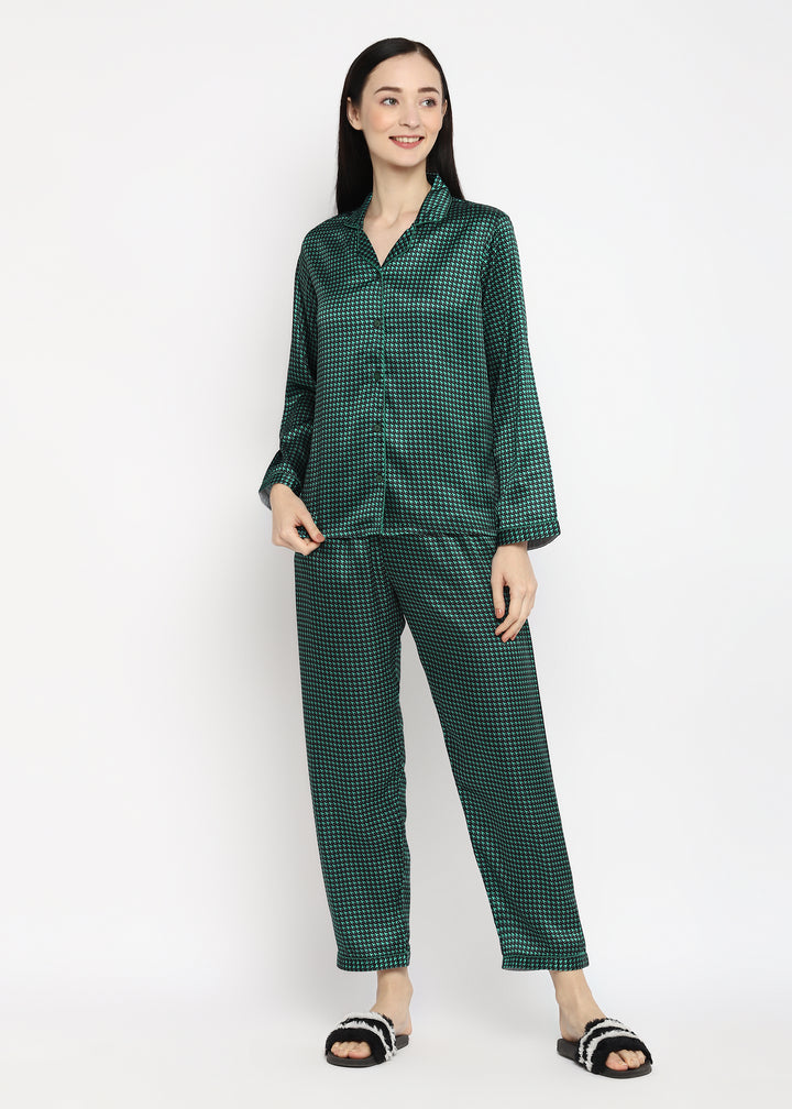 Green Checkered Satin Long Sleeve Women's Night Suit - Shopbloom