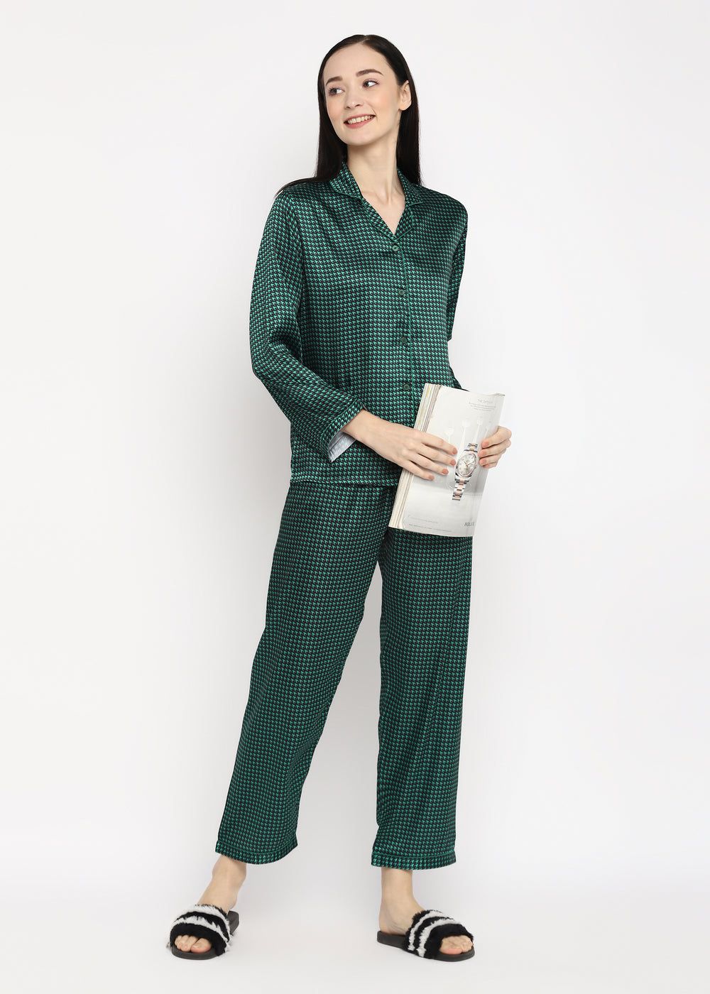 Green Checkered Satin Long Sleeve Women's Night Suit - Shopbloom