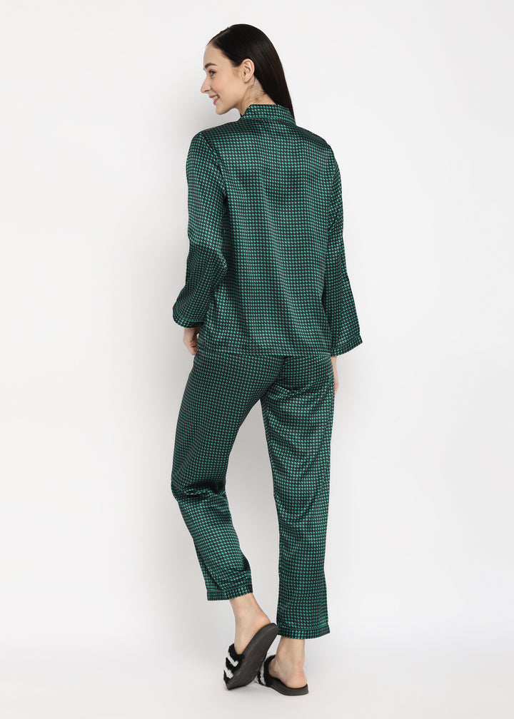 Green Checkered Satin Long Sleeve Women's Night Suit - Shopbloom