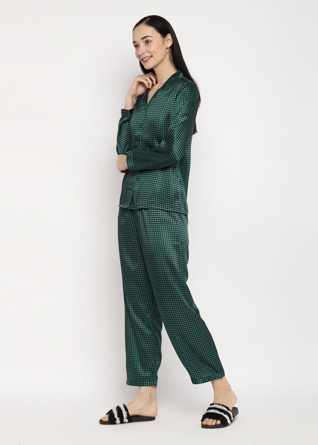 Green Checkered Satin Long Sleeve Women's Night Suit - Shopbloom