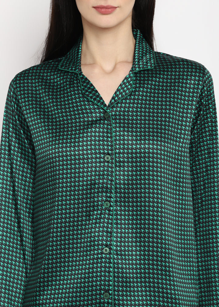 Green Checkered Satin Long Sleeve Women's Night Suit - Shopbloom