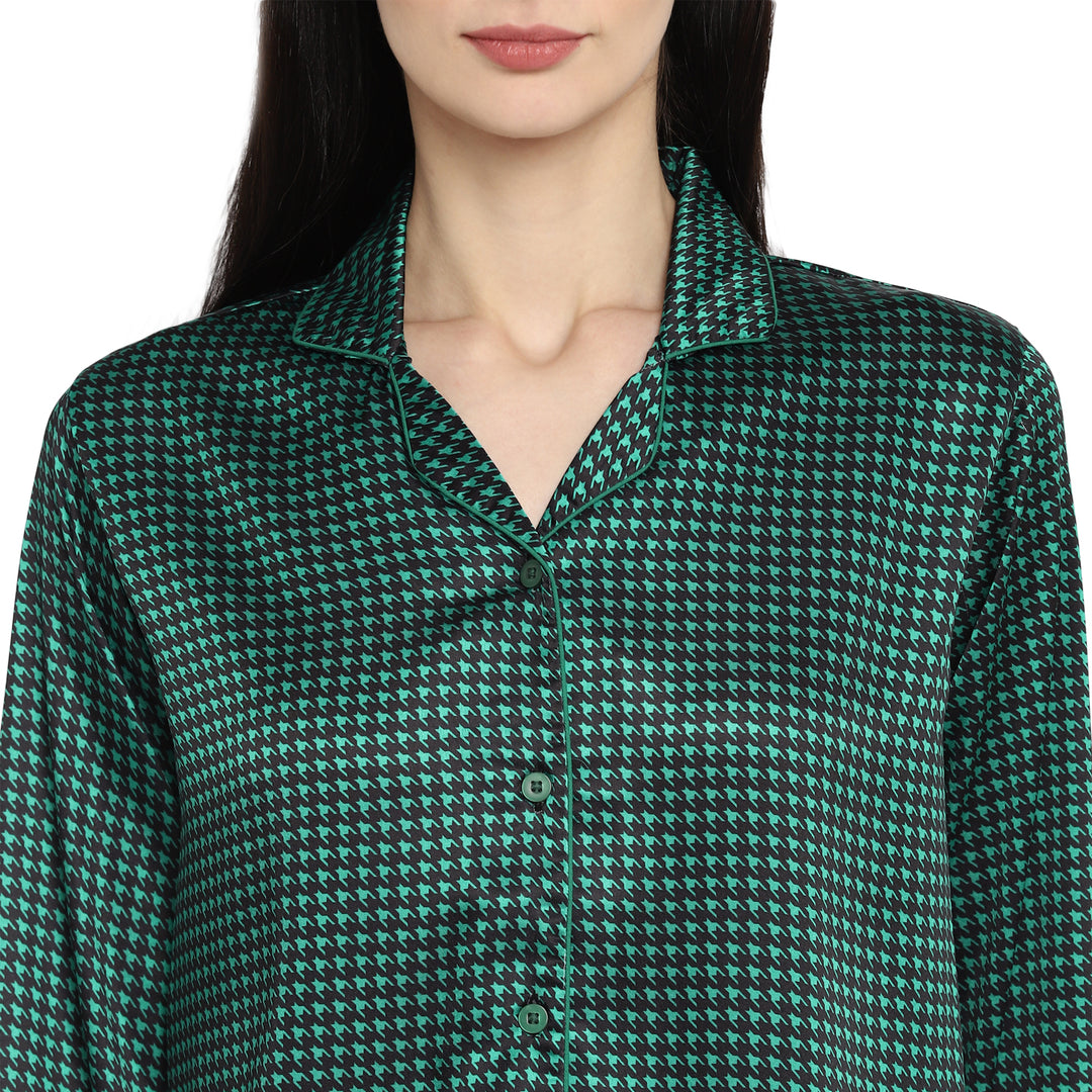 Green Checkered Satin Long Sleeve Women's Night Suit - Shopbloom