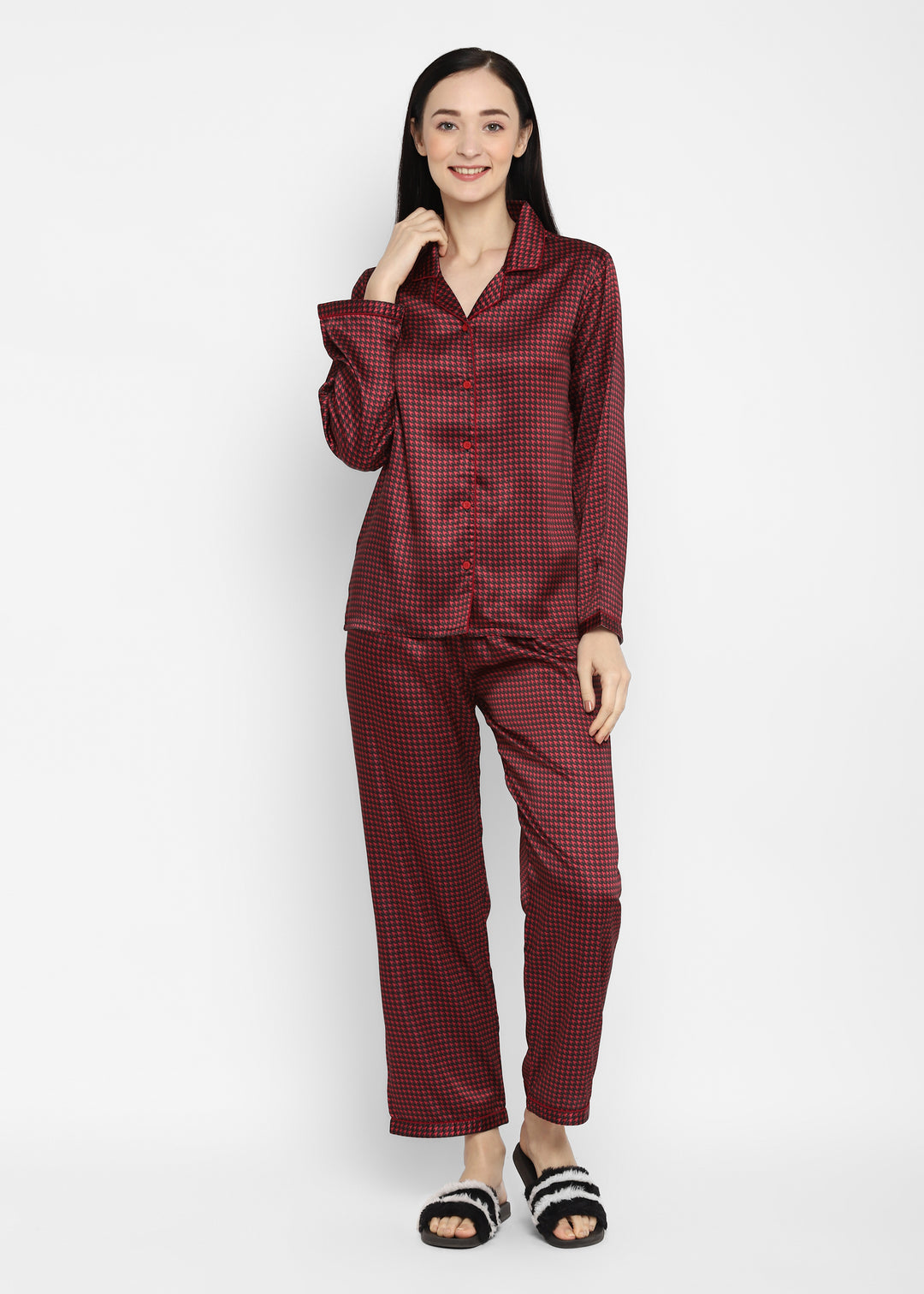 Maroon Checkered Satin Long Sleeve Women's Night Suit - Shopbloom