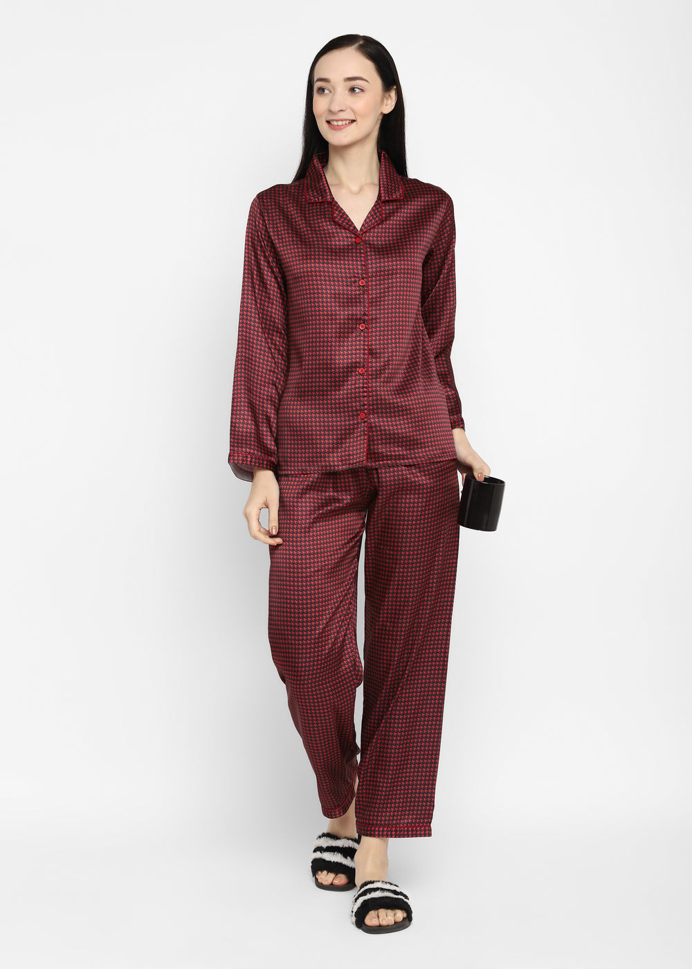 Maroon Checkered Satin Long Sleeve Women's Night Suit - Shopbloom