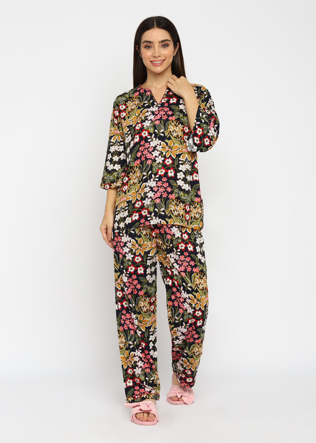 Full Bloom V Neck Print Long Sleeve Women's Night Suit - Shopbloom