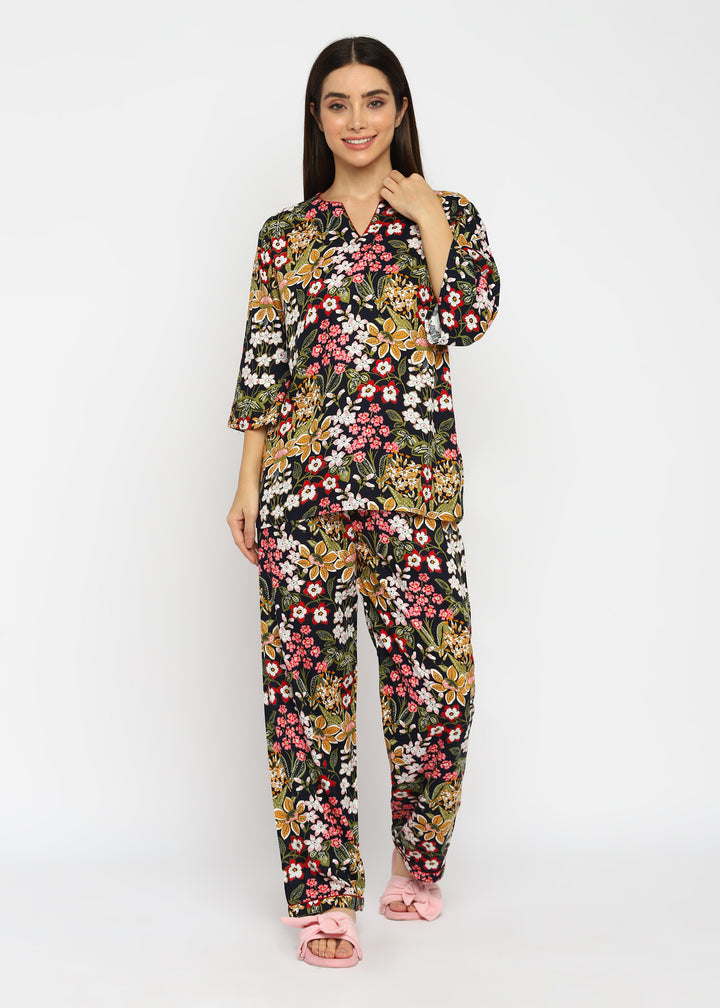 Full Bloom V Neck Print Long Sleeve Women's Night Suit - Shopbloom