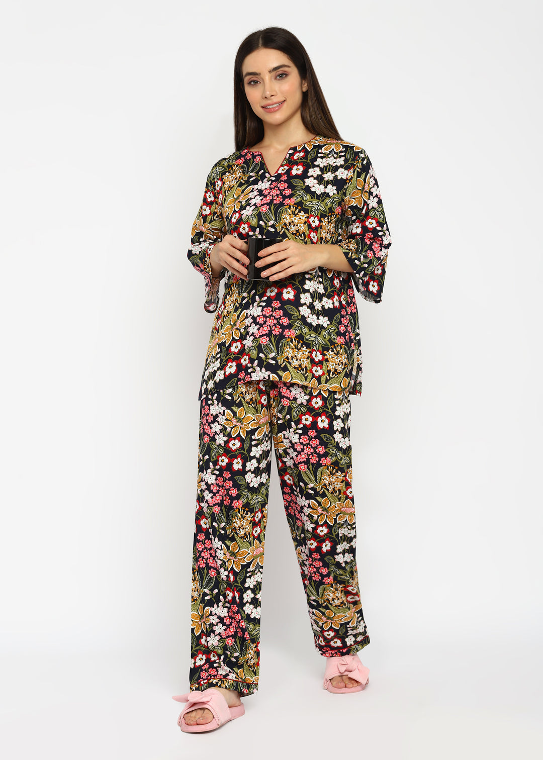 Full Bloom V Neck Print Long Sleeve Women's Night Suit - Shopbloom