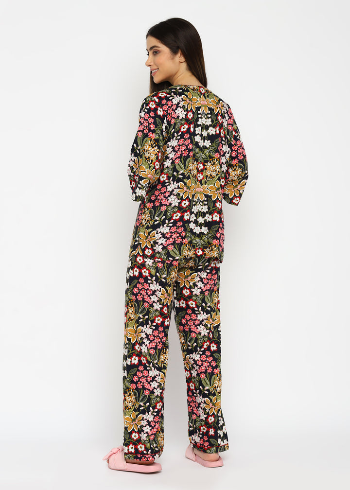 Full Bloom V Neck Print Long Sleeve Women's Night Suit - Shopbloom