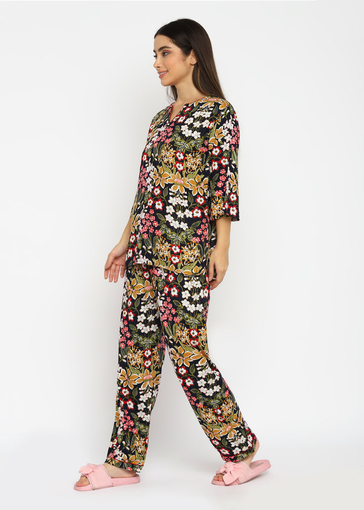 Full Bloom V Neck Print Long Sleeve Women's Night Suit - Shopbloom