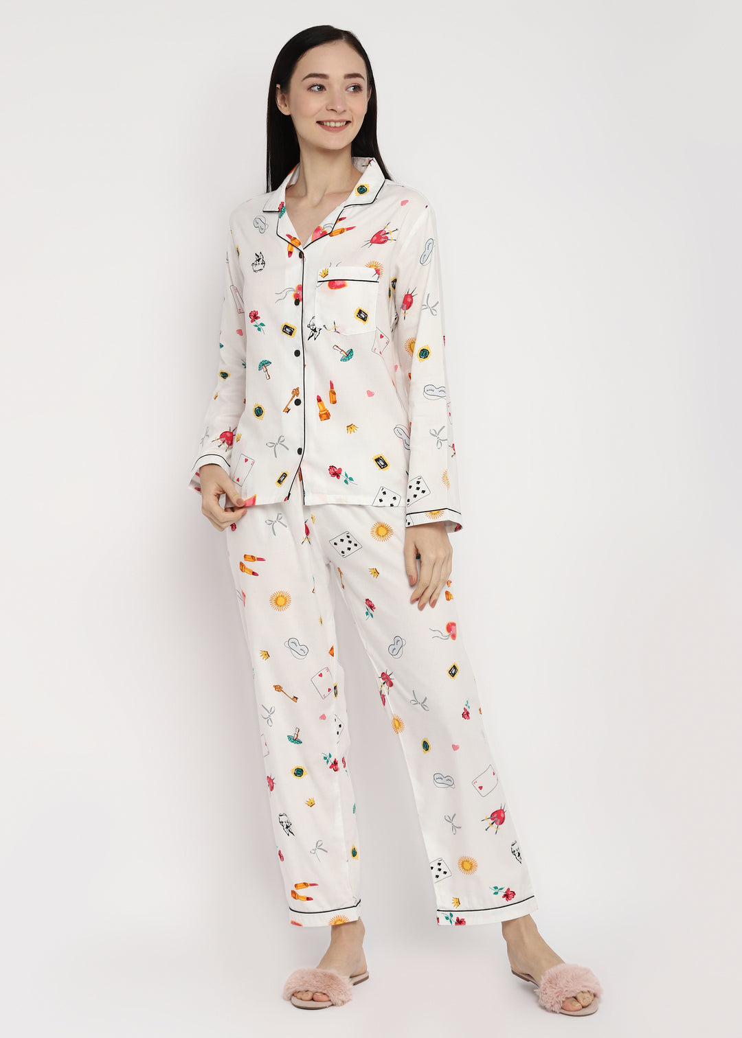 Cards and Mushroom Print Long Sleeve Women's Night Suit - Shopbloom