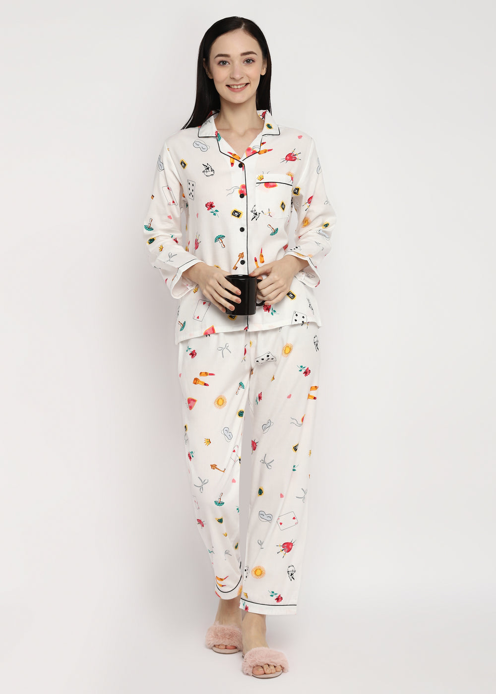 Cards and Mushroom Print Long Sleeve Women's Night Suit - Shopbloom