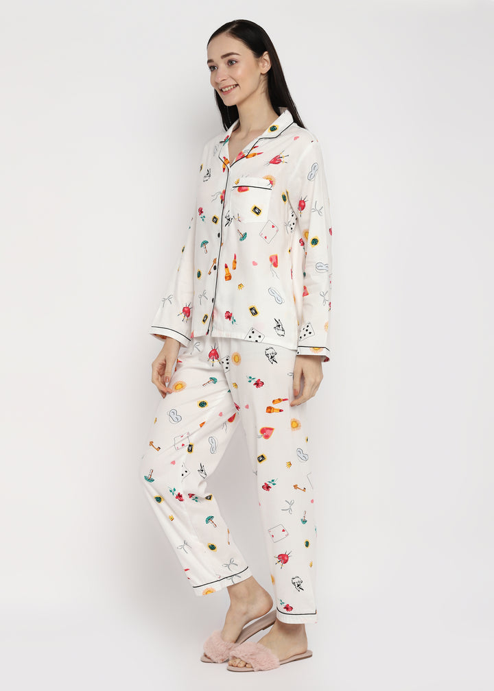 Cards and Mushroom Print Long Sleeve Women's Night Suit - Shopbloom