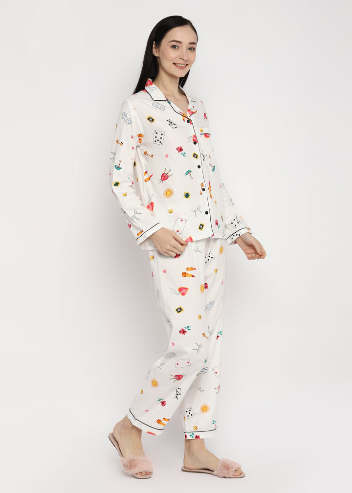 Cards and Mushroom Print Long Sleeve Women's Night Suit - Shopbloom