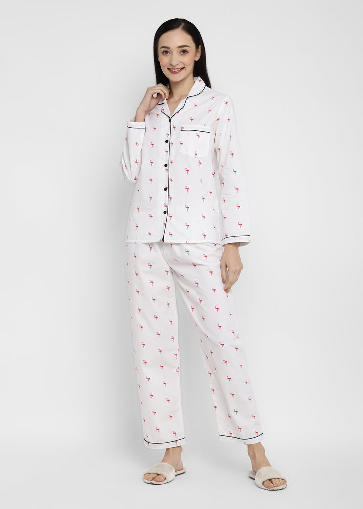 Tiny Flamingo Print Long Sleeve Women's Night Suit - Shopbloom