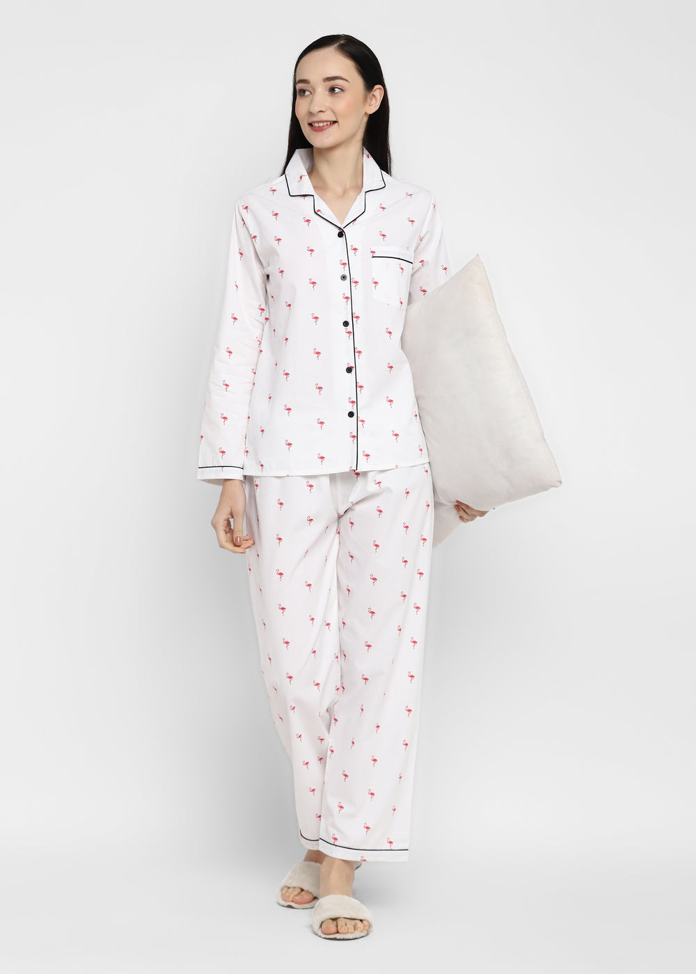 Tiny Flamingo Print Long Sleeve Women's Night Suit - Shopbloom